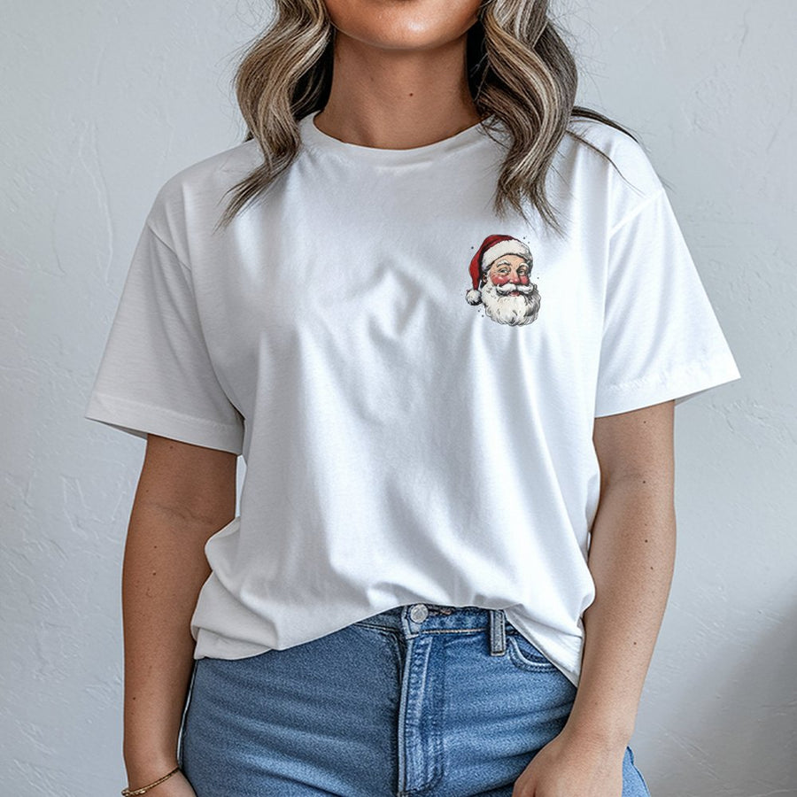 Santa Claus Graphic T-Shirt | Minimalist Pocket Print Design | Premium 100% Cotton | Festive Christmas Holiday Gift for Men and Women