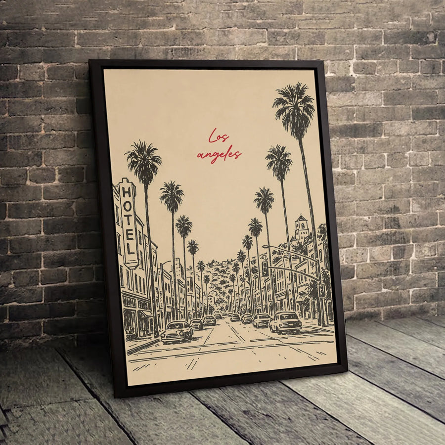 Los Angeles Wall Art | Vintage Sketch Palm Trees Street Scene | Premium Gallery Canvas | California Travel Decor Gift for Home or Office