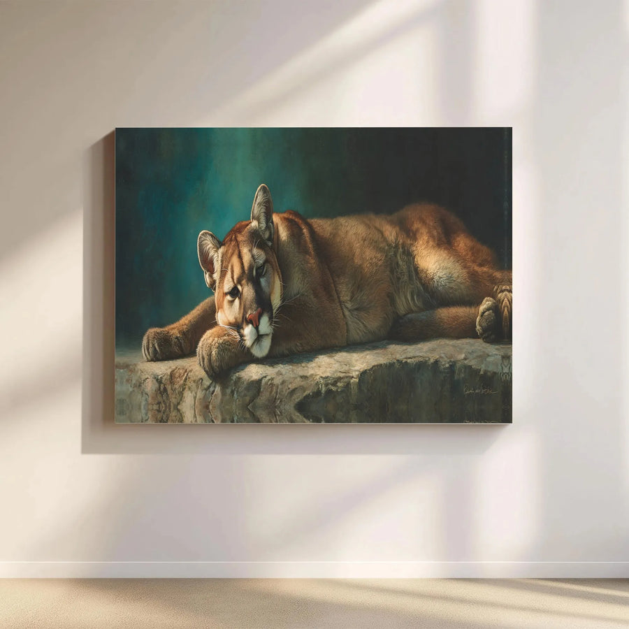 Mountain Lion Canvas Print | Realistic Resting Cougar Painting | Premium Gallery Wrapped Canvas | Nature Lover Collector's Gift