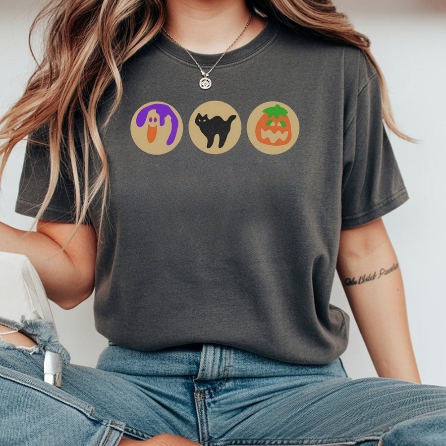 Halloween Cookie Ghost T-Shirt | Cute Spooky Pumpkin & Black Cat Graphic | Premium 100% Cotton Tee | Unisex Gift for Halloween Party Lovers