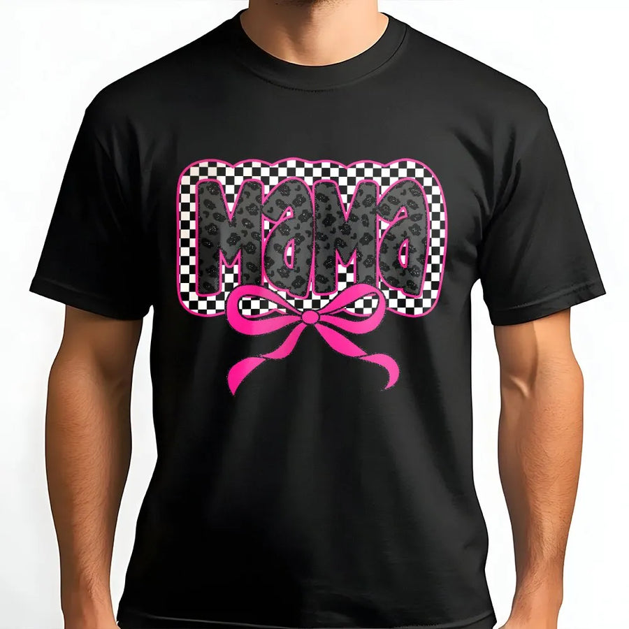 Mama T-Shirt | Coquette Aesthetic Bow and Checkered Design | Premium 100% Cotton | Stylish Mother's Day 2026 Gift for Mom