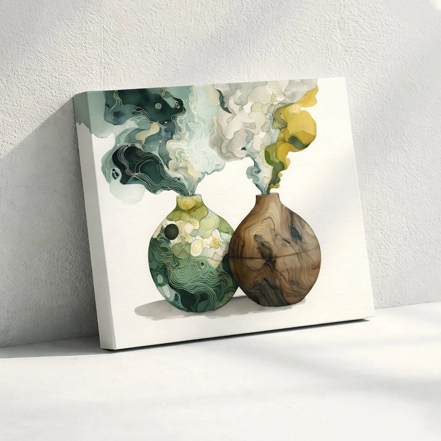 Abstract Vase Canvas Wall Art | Modern Watercolor Smoke with Gold Line Detail | Premium Gallery Wrapped Canvas | Zen Home & Office Decor Gift