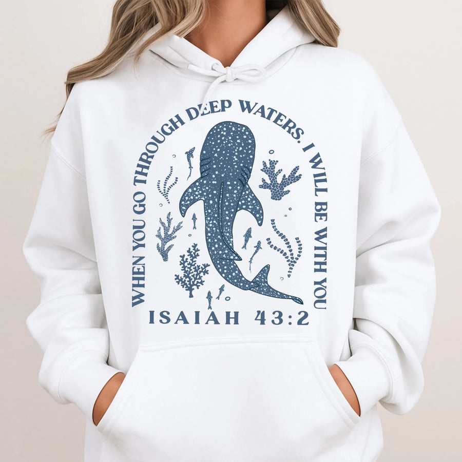 Whale Shark Hoodie | Isaiah 43:2 Bible Verse Graphic | Premium Cotton Blend | Christian Faith Gift for Ocean Lovers