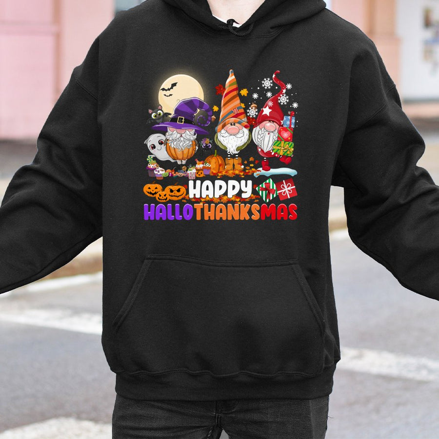 Hallothanksmas Hoodie | Funny Gnome Pumpkin Santa Graphic | Cotton-Poly Blend Premium Quality | Festive Holiday Gift For Men And Women
