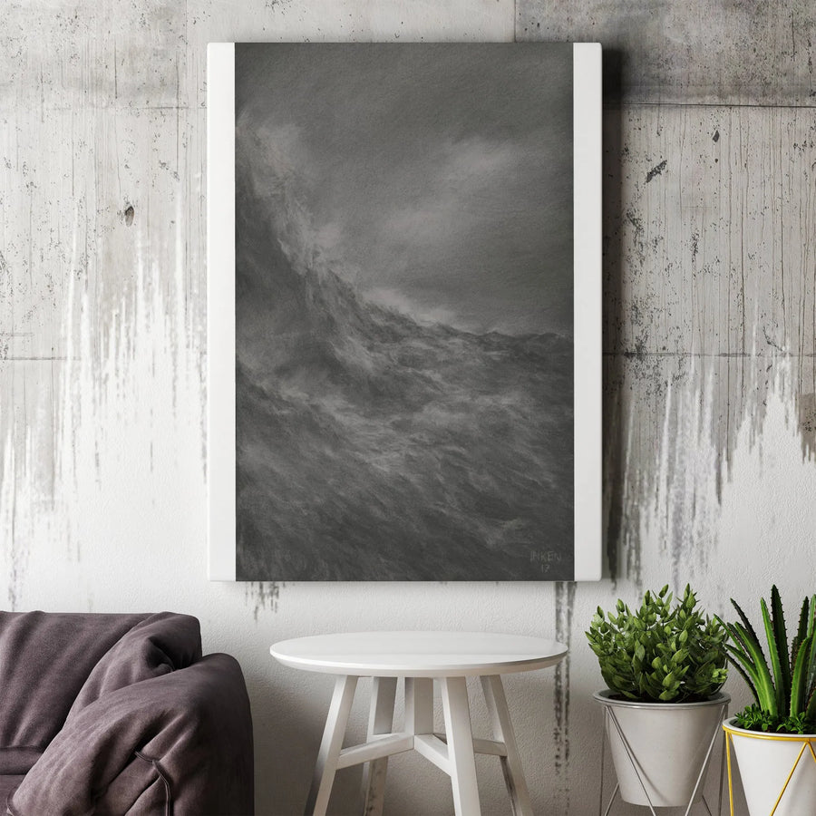 Abstract Ocean Wave Vertical Canvas | Monochrome Charcoal Wave Sketch | Premium Gallery Wrapped Canvas | Modern Minimalist Home Decor Gift
