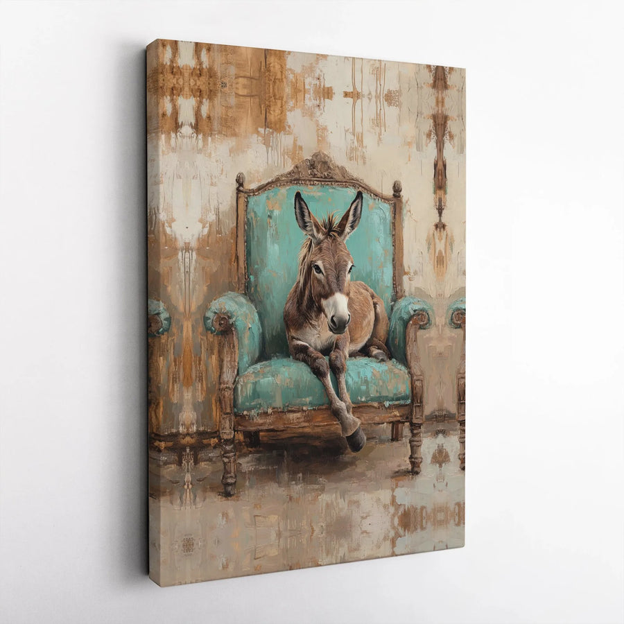 Donkey Wall Art Canvas | Whimsical Farm Animal in Teal Chair | Premium Gallery Wrapped Decor | Unique Living Room Wall Decor