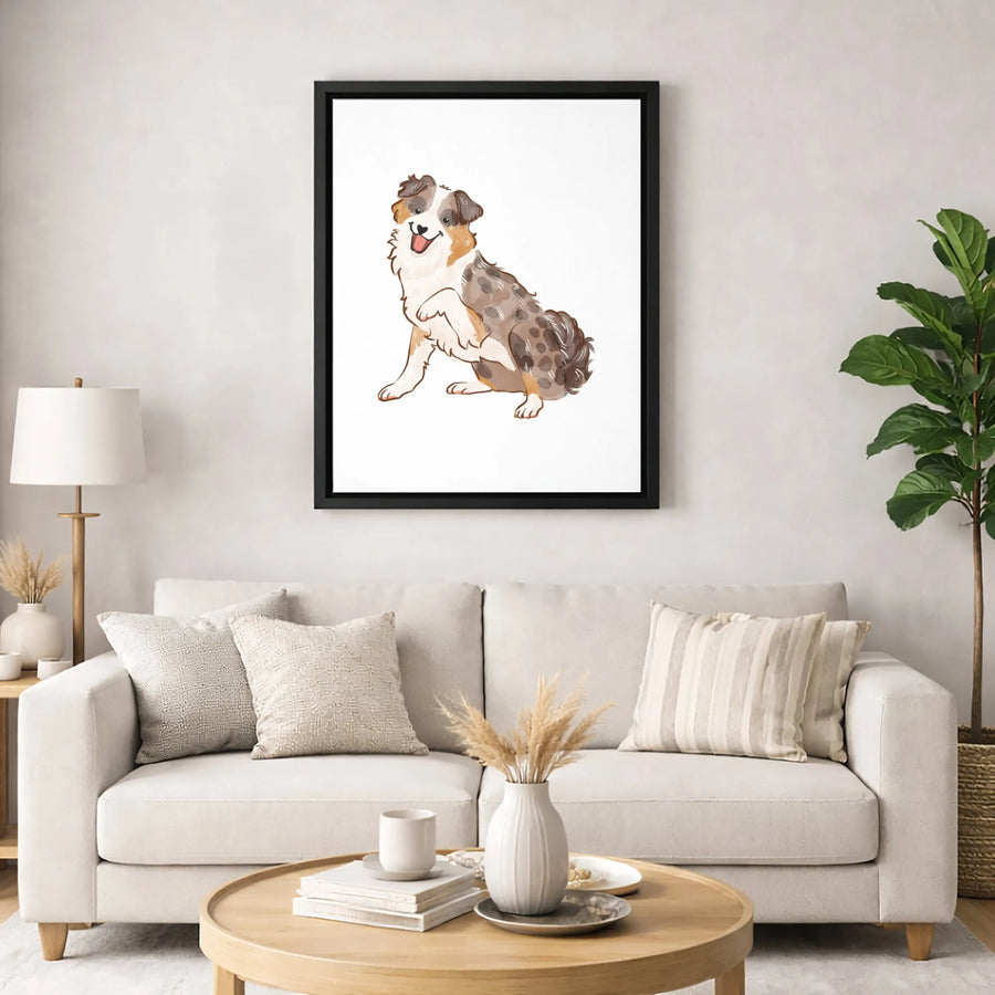 Australian Shepherd Canvas Wall Art | Cute Merle Dog Watercolor Portrait | Premium 1.25" Gallery Wrap | Gift for Aussie Dog Lovers