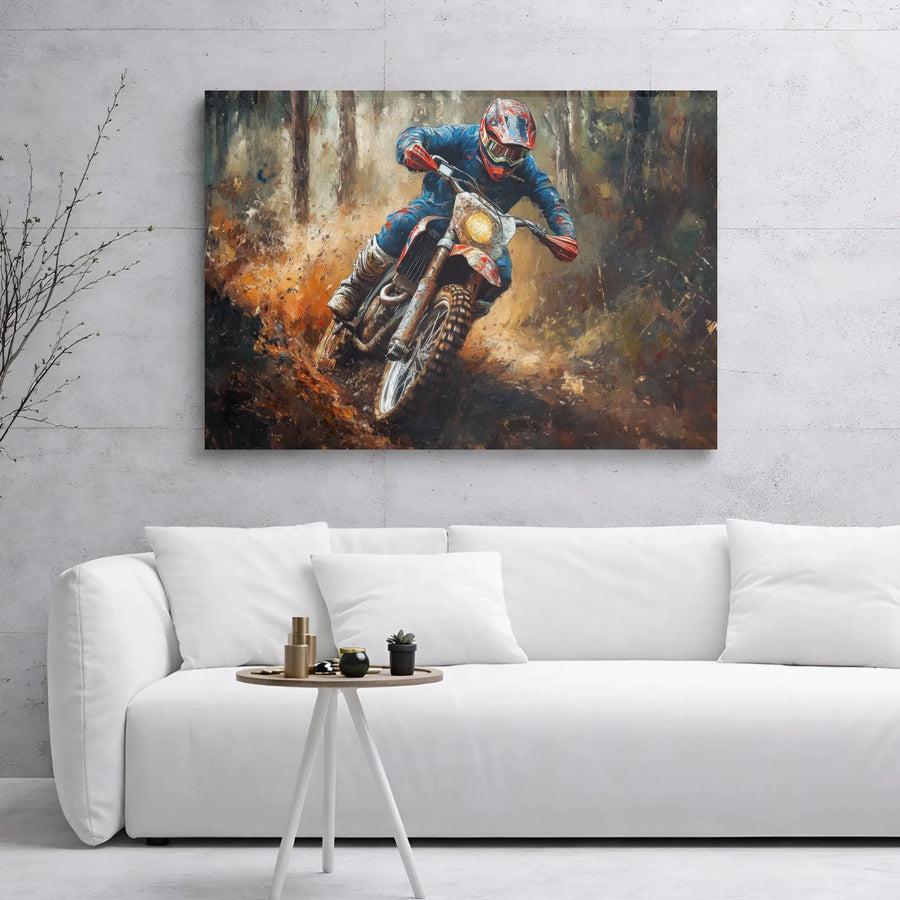 Motocross Wall Art Canvas | Dirt Bike Rider In The Forest | Premium Gallery Wrap | Gift For Motorcycle Riders And Extreme Sports Fans