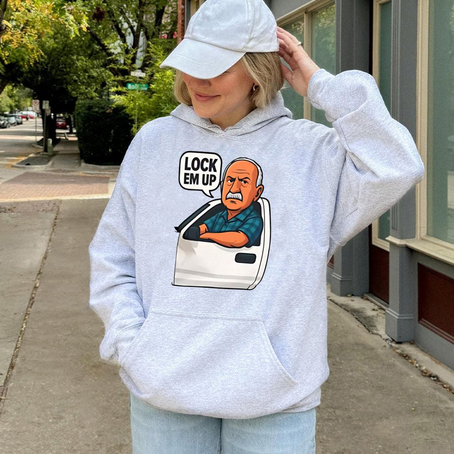 Lock Em Up Funny Graphic Hoodie | Retro Car Cartoon Design | Premium Cotton Blend | Gift For Men And Women Viral Humor Apparel