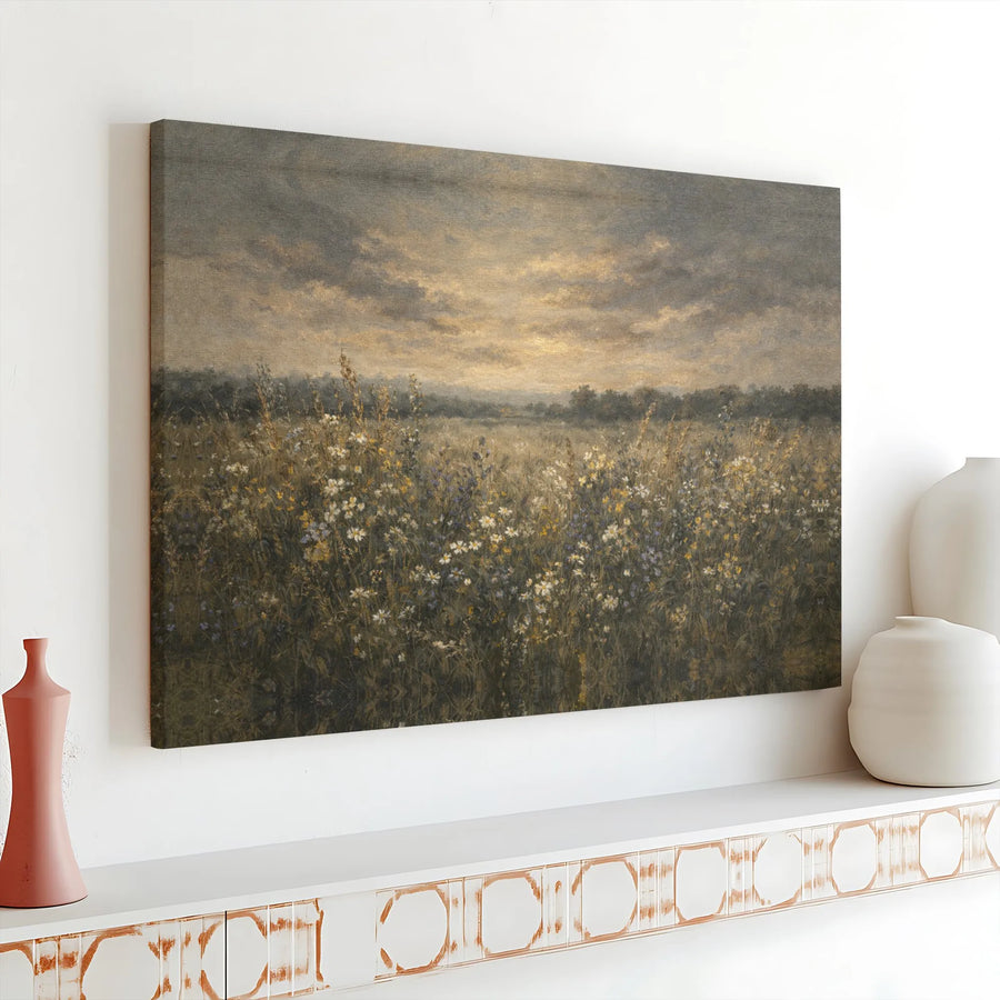 Vintage Wildflower Meadow Canvas Print | Moody Landscape Painting | Premium Gallery Wrapped Canvas | Farmhouse Living Room Decor Gift