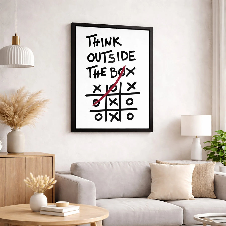 Think Outside The Box Canvas Art | Minimalist Tic Tac Toe Typography Print | Premium Gallery Wrap Wall Decor | Motivational Office Gift for Him