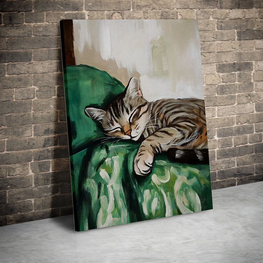 Sleeping Tabby Cat Wall Art | Impressionist Oil Painting Style | Premium 1.25-Inch Gallery Canvas | Cozy Home Decor Gift for Cat Lovers