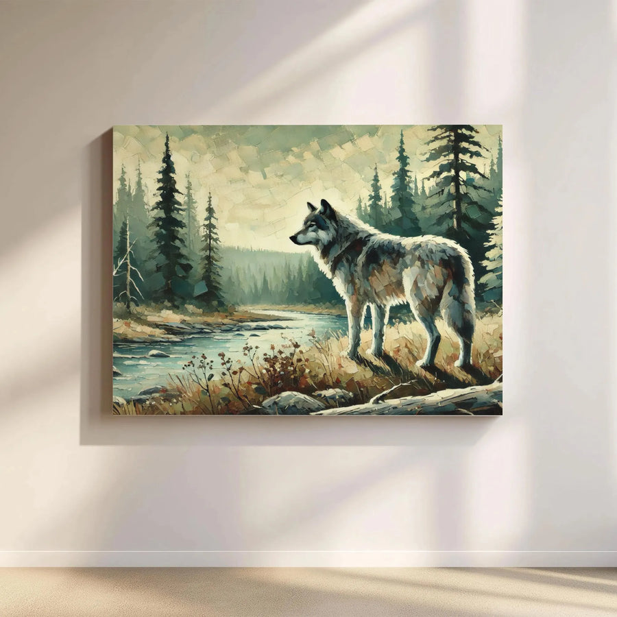 Wolf Forest Wall Art | Impressionist River Landscape Canvas | Premium 1.25-Inch Gallery Wrap | Wildlife Nature Home Decor Gift