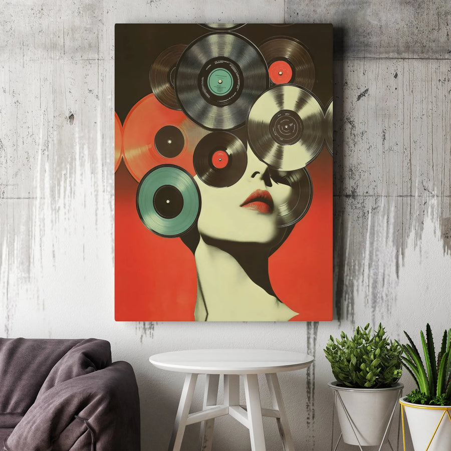 Surreal Vinyl Record Wall Art | Pop Art Woman Retro Music Decor | Premium 1.25 Inch Gallery Canvas | Gift For Music Lovers And Audiophiles