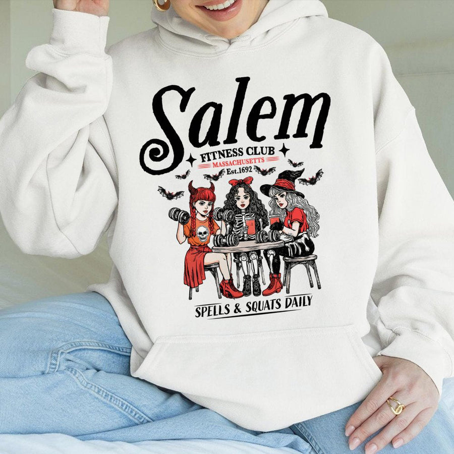 Salem Fitness Club Hoodie | Spells and Squats Graphic Tee | Cotton Blend Premium Pullover | Funny Witchy Halloween Gift for Gym Lovers