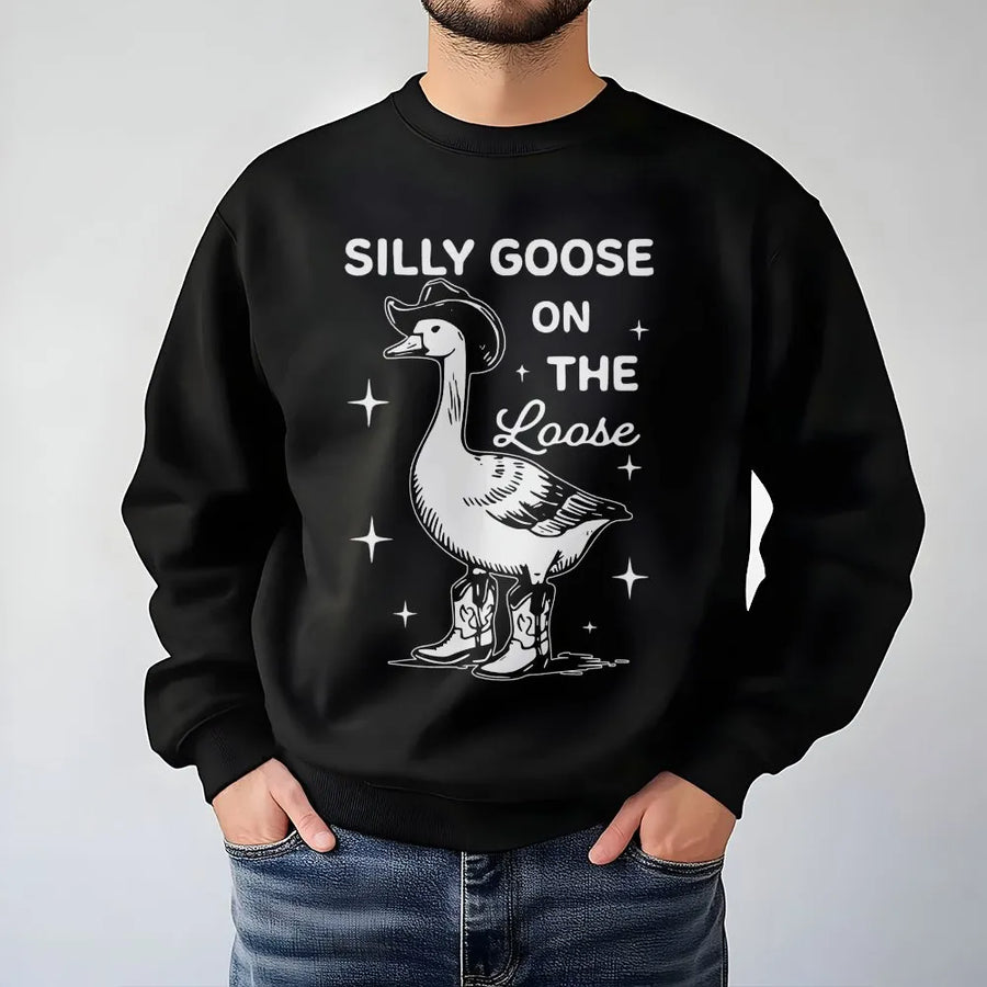Silly Goose On The Loose Sweatshirt | Funny Cowboy Duck Graphic | Premium Cotton Blend Crewneck | Gift for Animal Lovers and Country Style Fans