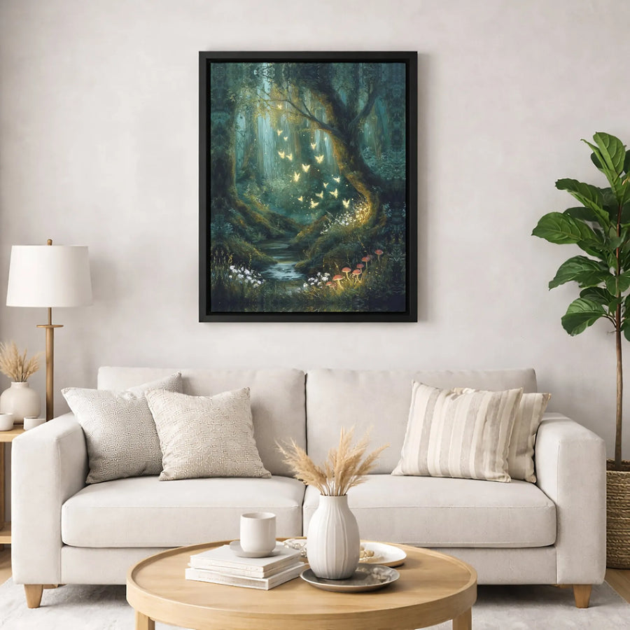 Enchanted Forest Canvas Art | Whimsical Glowing Butterflies Wall Decor | Premium Fade-Resistant Print | Magical Nature Home Gift