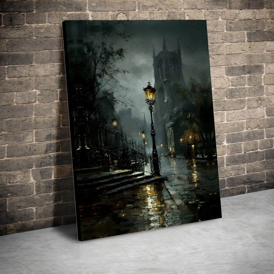 Gothic Cathedral Wall Art | Rainy Night Streetscape Print | Gallery-Quality 1.25-Inch Canvas | Moody Dark Academia Home Decor Gift