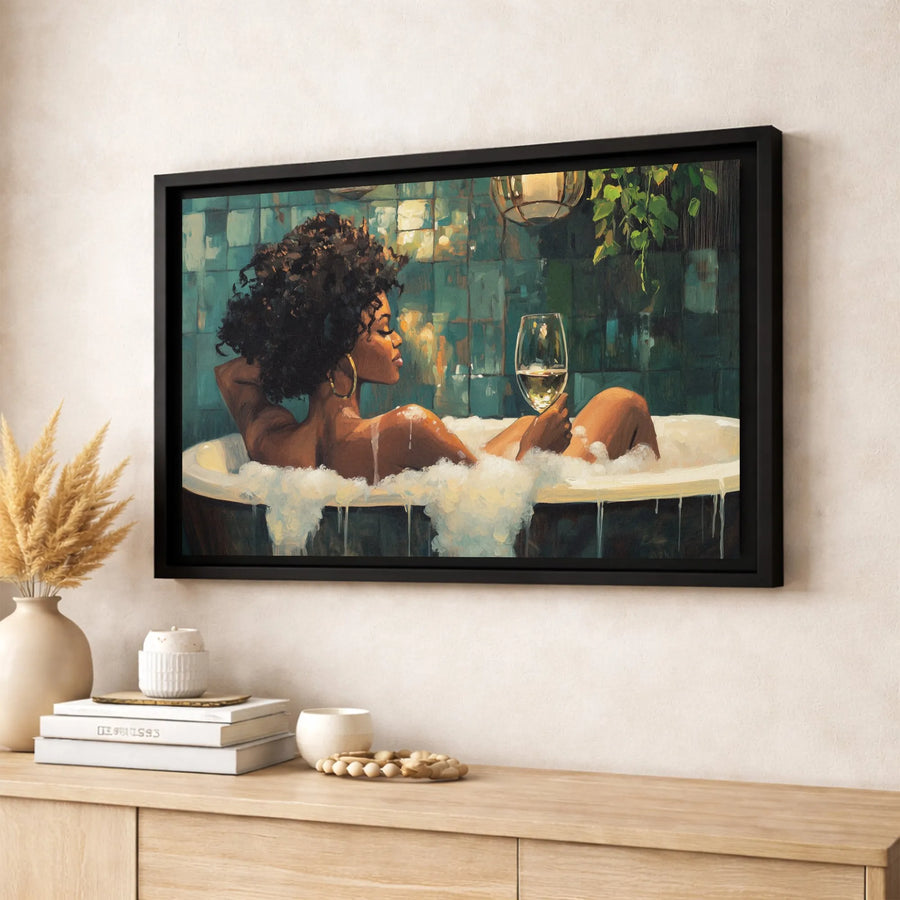 Black Woman Bathing Canvas Art | Afrocentric Bathroom Decor with Wine | Premium Gallery Wrap Print | Elegant Self-Care Wall Decor for Her