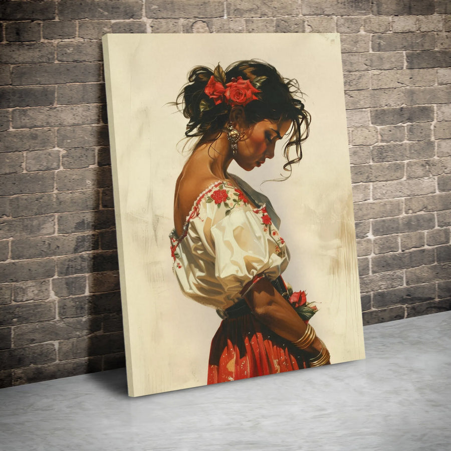 Bohemian Woman Portrait Canvas Art | Romantic Floral Red Rose Design | Premium Fade-Resistant Print | Elegant Home Decor Wall Hanging