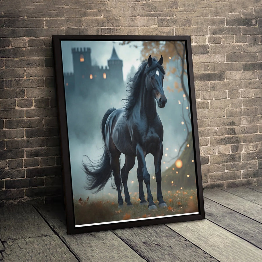 Black Horse Wall Art | Gothic Misty Castle Forest Canvas Print | Premium Fade-Resistant Gallery Wrap | Moody Equestrian Home Decor Gift