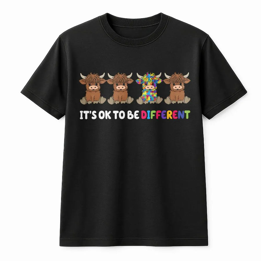 Autism Awareness T-Shirt | Highland Cow It's Ok To Be Different | Cozy Cotton Blend | Neurodiversity Support Gift for Adults