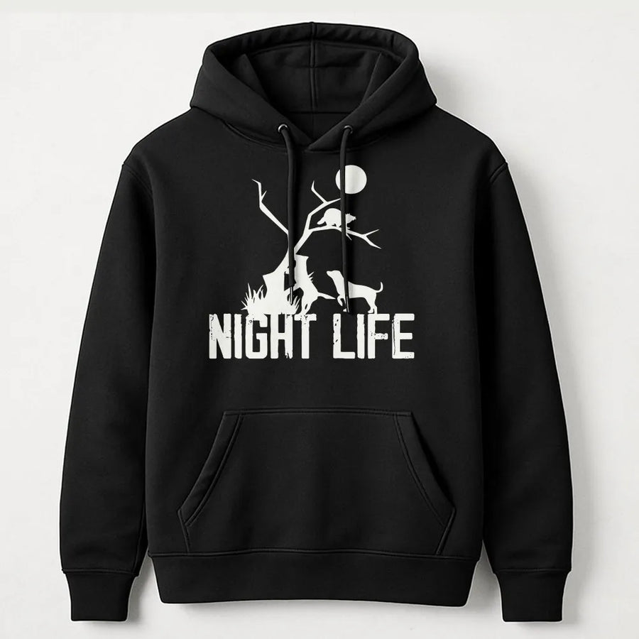 Coon Hunting Hoodie | Night Life Raccoon Dog Graphic | Premium Cotton Blend | Gift for Outdoor Hunter and Wildlife Enthusiast