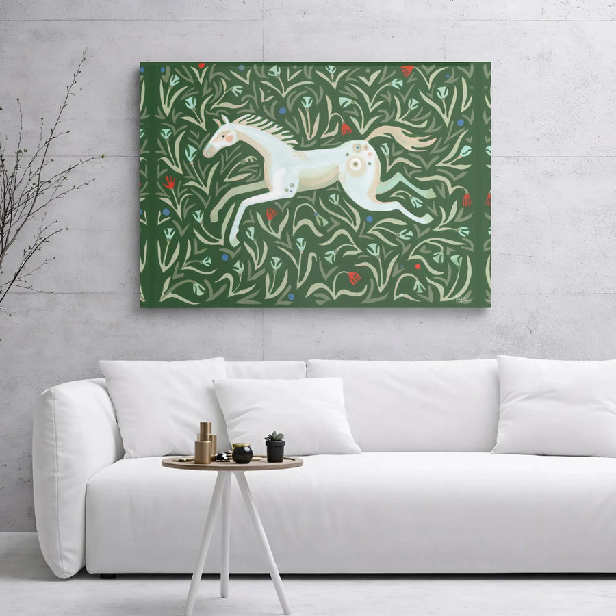 White Horse Canvas Print | Folk Art Botanical Floral Design | 1.25 Inch Gallery Wrap | Premium Wall Art For Living Room Decor