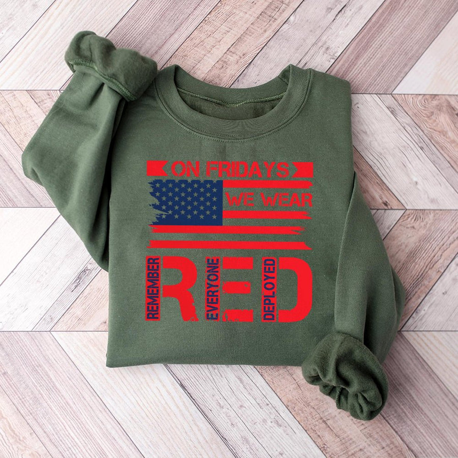 R.E.D. Friday Military Sweatshirt | Remember Everyone Deployed Patriotic Flag Design | Cotton Blend Crewneck | Gift For Veteran Or Army Family