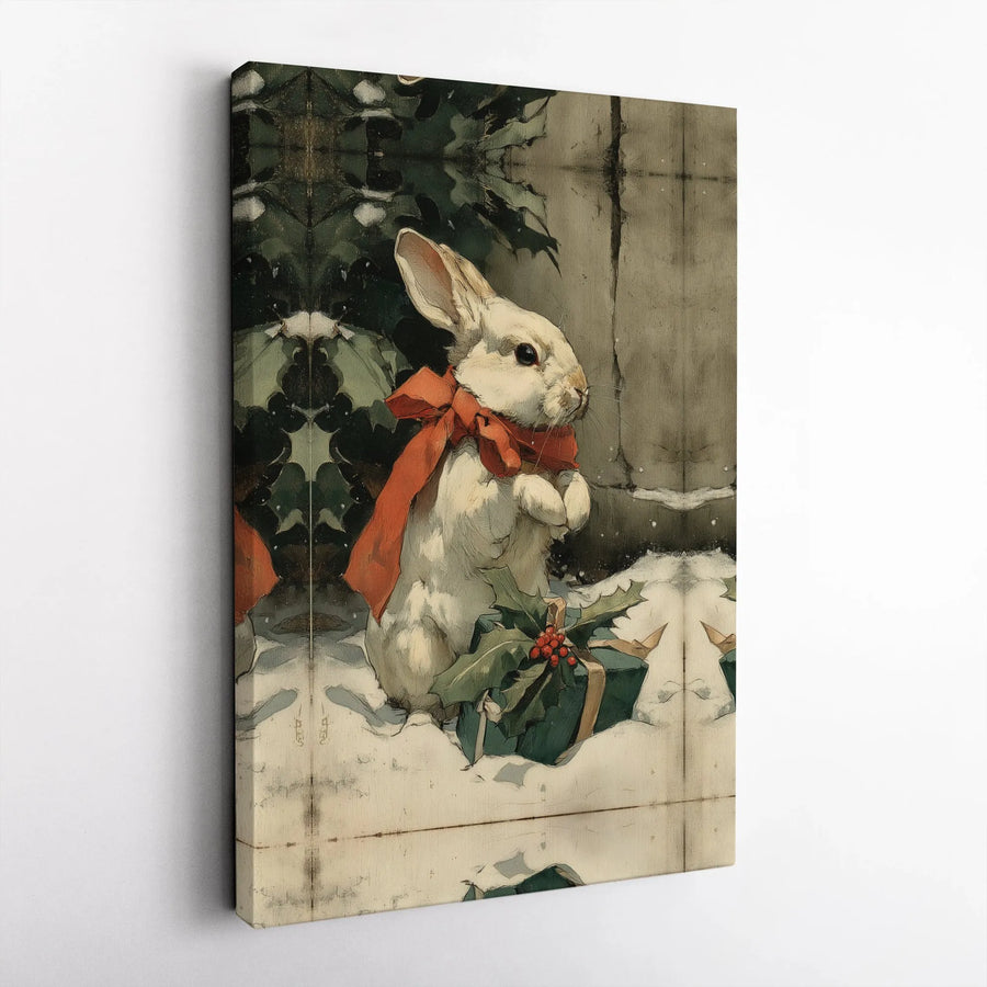 Vintage Christmas Rabbit Canvas | Festive Bunny with Red Bow and Holly | Gallery Quality Fade-Resistant Print | Holiday Home Decor Gift