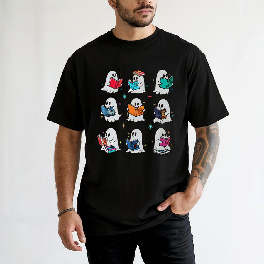 Ghost Reading Books T-Shirt | Cute Spooky Librarian Graphic Tee | 100% Cotton Premium Quality | Gift for Book Lovers and Teachers