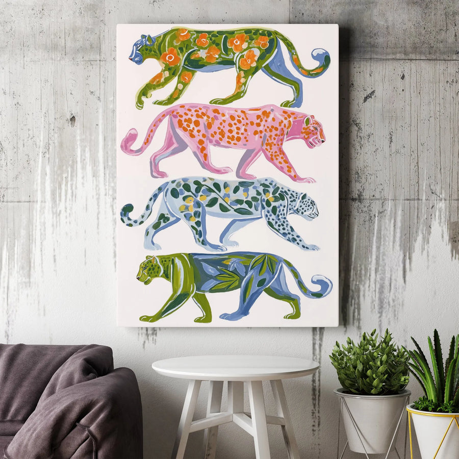 Abstract Leopard Parade Canvas | Colorful Botanical Big Cat Art | Premium 1.25" Thick Gallery Wrap | Eclectic Home Decor Gift for Animal Lovers