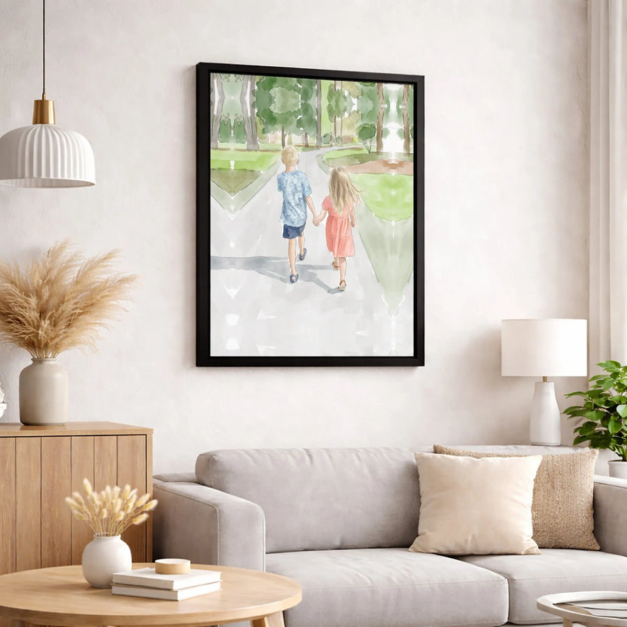 Boy and Girl Walking Canvas Art | Watercolor Kids Holding Hands Print | Premium 1.25 Inch Gallery Wrap | Sentimental Home Decor Gift