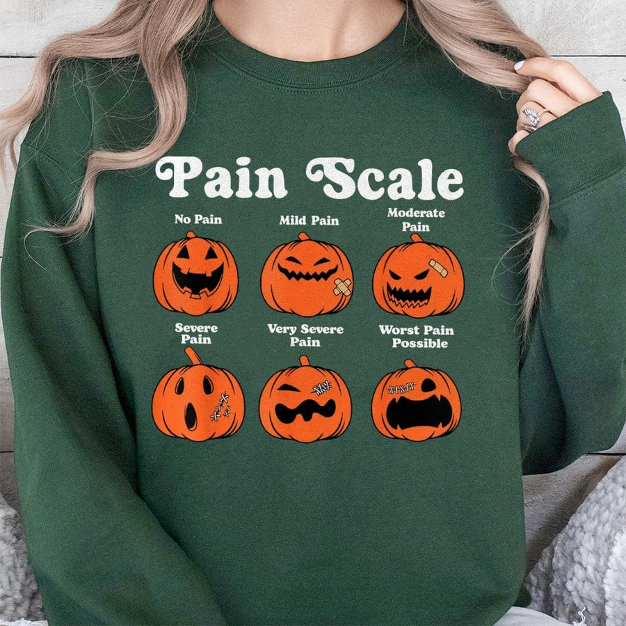 Halloween Pain Scale Pumpkin Sweatshirt | Funny Nurse Fall Graphic Crewneck | Soft Cotton-Blend Apparel | Gift for Nurses RN Student Graduation