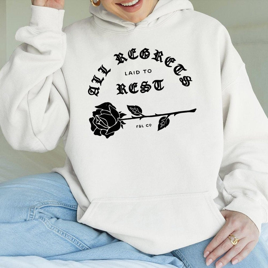All Regrets Laid To Rest Hoodie | Gothic Rose Graphic Streetwear | Premium Cotton-Blend Pullover | Aesthetic Grunge Gift For Her Or Him