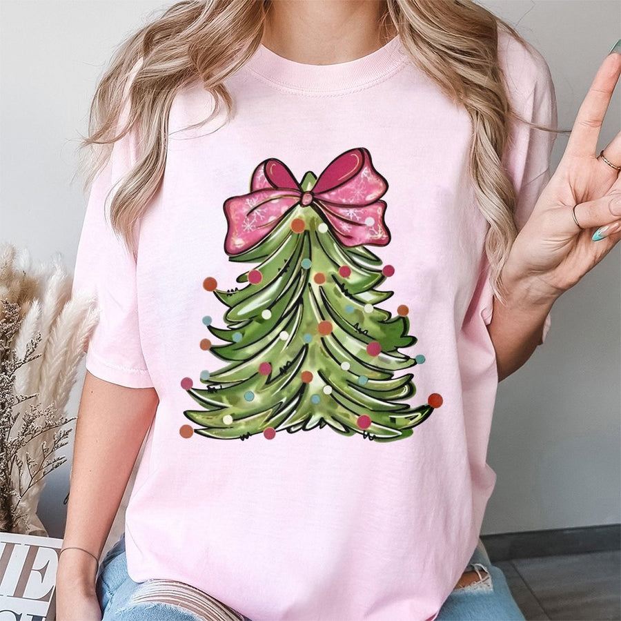Christmas Tree T-Shirt | Pink Bow Holiday Graphic | 100% Cotton Premium Tee | Festive Seasonal Gift For Women And Men