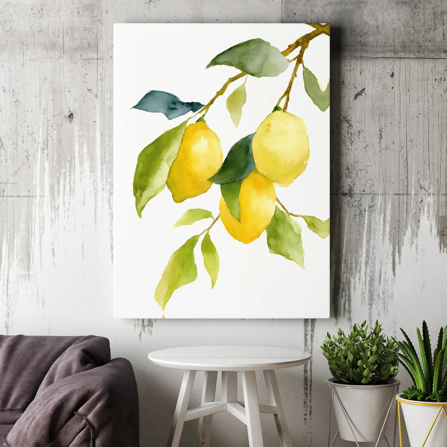 Watercolor Lemon Branch Vertical Canvas | Mediterranean Citrus Fruit Painting | 1.25in Premium Gallery Wrap | Modern Farmhouse Kitchen Wall Decor