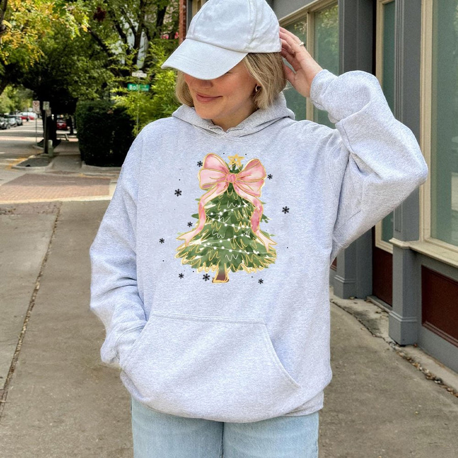 Christmas Tree Hoodie | Watercolor Aesthetic Bow Graphic | Soft Cotton-Blend Pullover | Festive Gift for Women & Teens