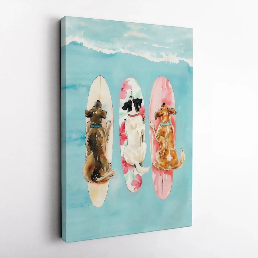 Surfing Dogs Canvas Wall Art | Watercolor Painting of Pups on Surfboards | Premium Thick Gallery Wrap | Gift for Dog Lover & Coastal Home Decor