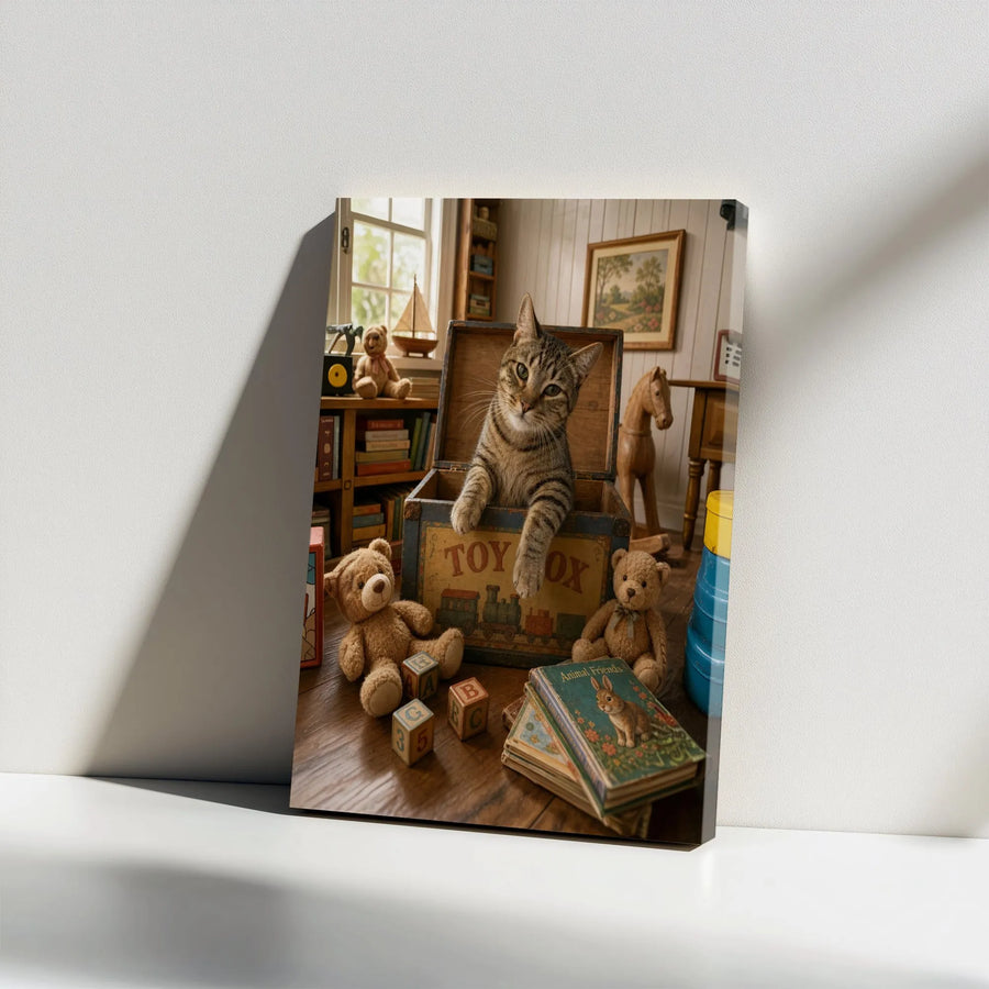 Tabby Cat in Vintage Toy Box Vertical Canvas | Rustic Playroom Scene with Teddy Bears | Premium 1.25" Gallery Wrap | Cozy Nursery Wall Art & Gift for Cat Lovers