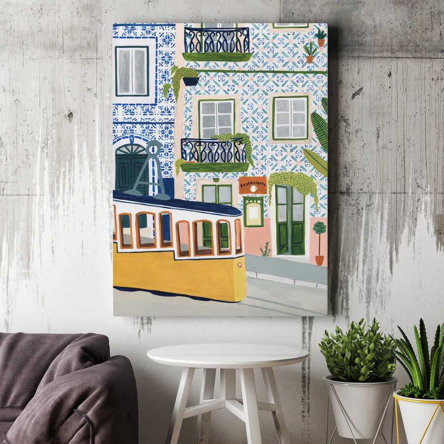 Lisbon Portugal Tram Canvas Print | Vibrant Azulejo Tile Street Scene | Premium Matte Canvas | Collector's Travel Wall Decor Gift