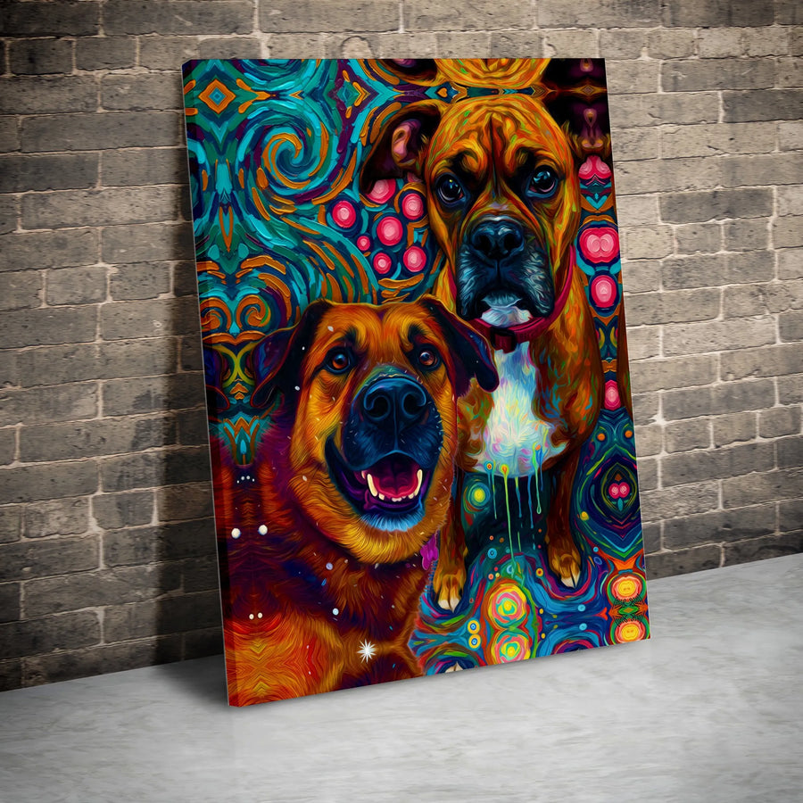 Dog Wall Art Canvas | Psychedelic German Shepherd and Boxer Portrait | Premium Gallery Wrap 1.25 inch | Colorful Pet Lover Home Decor Gift
