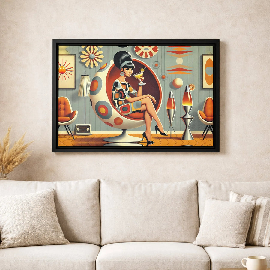 Mid-Century Modern Wall Art | Retro 1960s Woman Cocktail Lounge Print | Premium Gallery Wrapped Canvas | Vintage Style Home Decor Gift