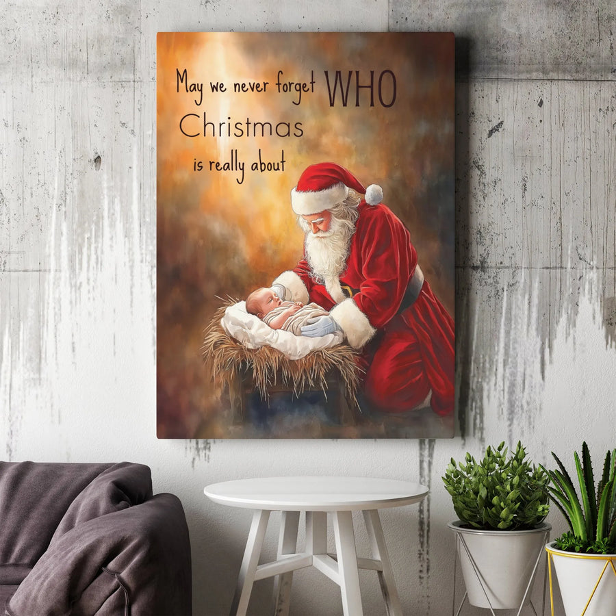 Santa Kneeling to Baby Jesus Canvas | Religious Christmas Wall Art | Premium Gallery Wrap Decor | Meaningful Christian Holiday Gift