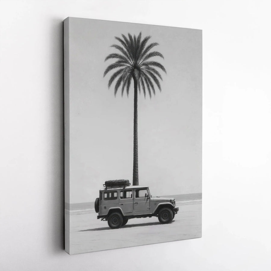 Vintage SUV Beach Canvas Print | Black and White Palm Tree Adventure Wall Art | Premium Gallery Wrap Decor | Travel Enthusiast Gift