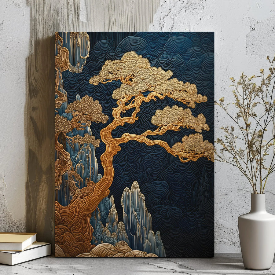 Japanese Bonsai Tree Canvas Print | Gold and Navy Blue Wave Wall Art | Premium Gallery Wrapped Decor | Zen Inspired Home Office Gift