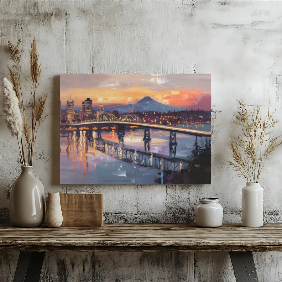 Portland Oregon Cityscape Canvas | Impressionist Mt Hood Sunset View | Premium Fade-Resistant Print | Pacific Northwest Wall Decor Gift