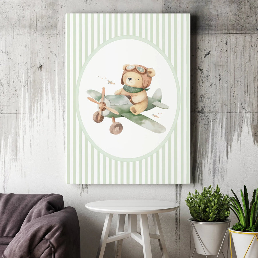 Aviator Teddy Bear Nursery Wall Art | Cute Watercolor Plane Illustration | Premium Gallery Wrap Canvas | Baby Boy Room Decor Gift