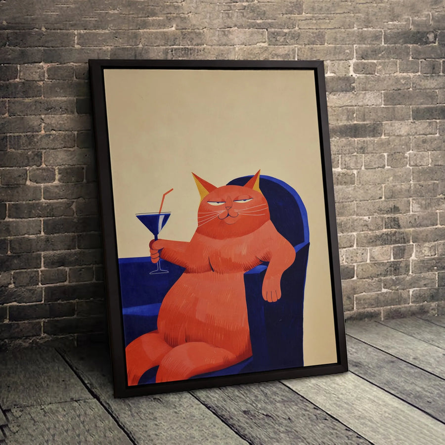 Smug Orange Cat Wall Art | Funny Cocktail Drinking Cat Illustration | Premium Gallery Wrapped Canvas | Quirky Home Decor Gift for Cat Lovers