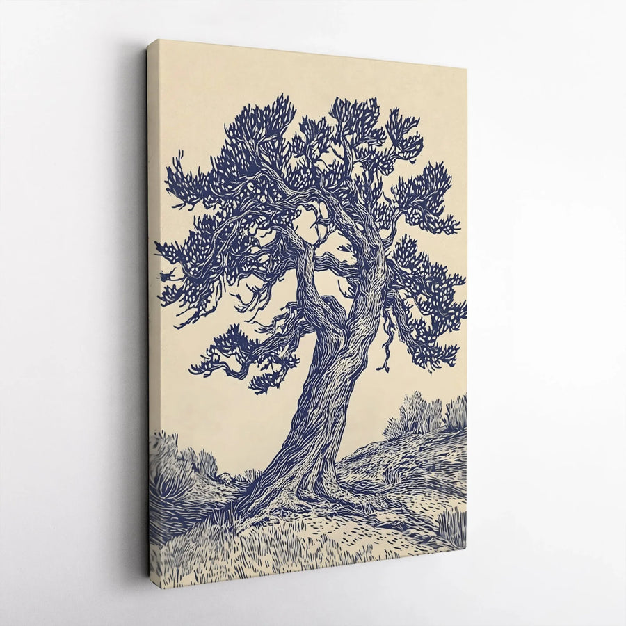 Windswept Tree Wall Art Canvas | Gnarled Nature Linocut Print | Premium Gallery-Wrapped Fade-Resistant Decor | Botanical Home & Office Gift